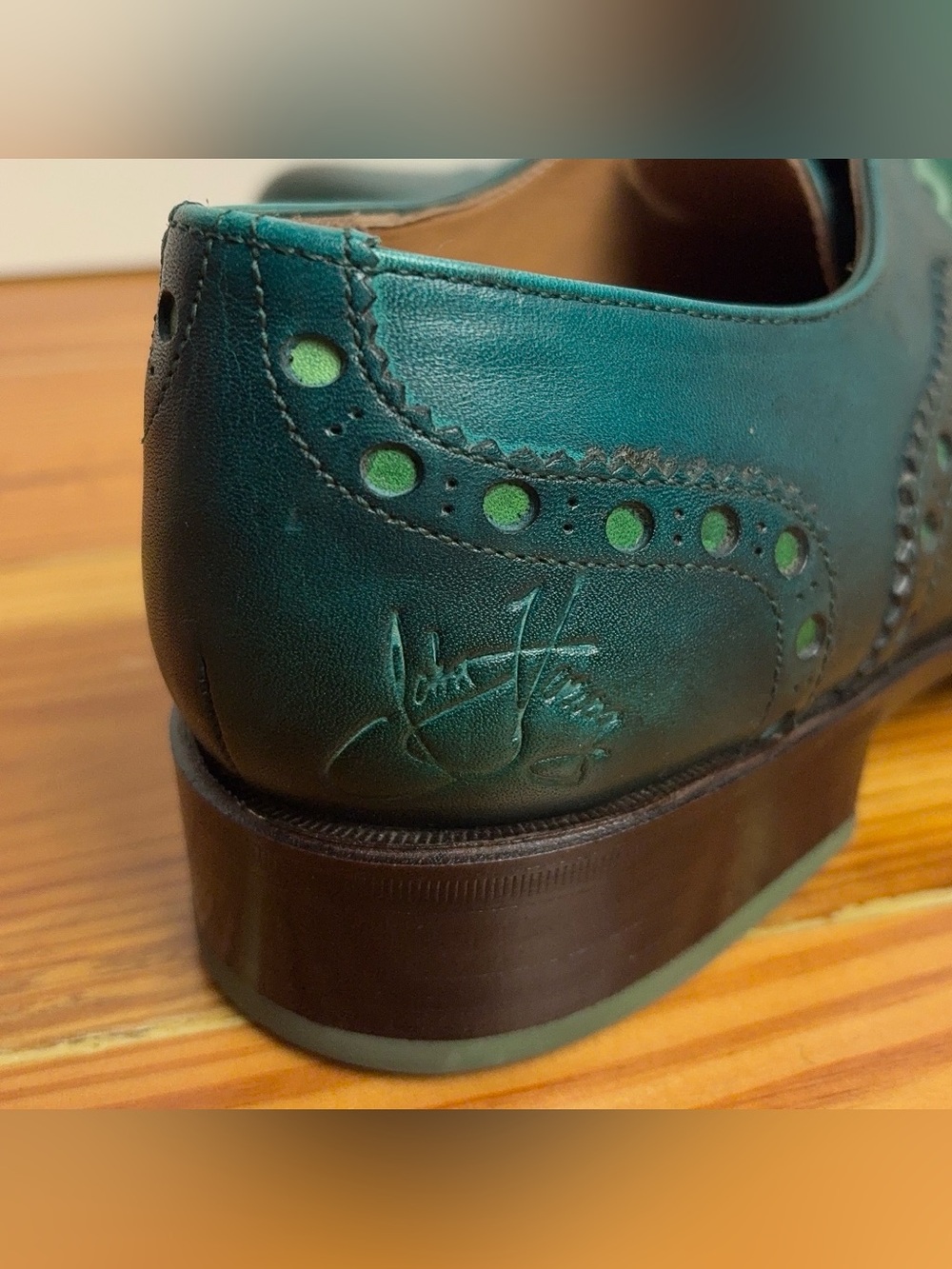 John Fluevog Granville Shoes Men's 8 Turquoise Leather Oxford Brogue Plain Toe - Picture 10 of 16